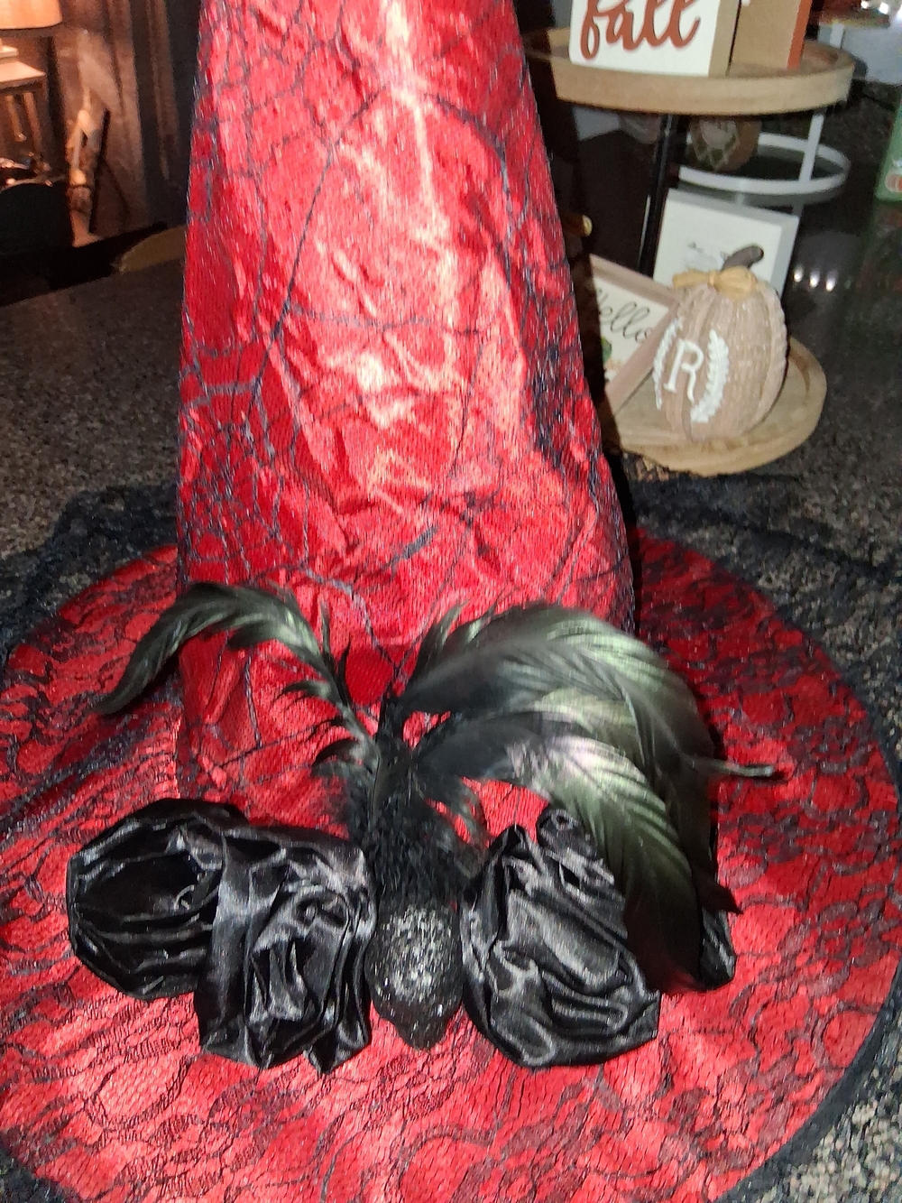 Red Lace Witch Hat with Black Feather & Rosette Trim - Picture 4 of 4